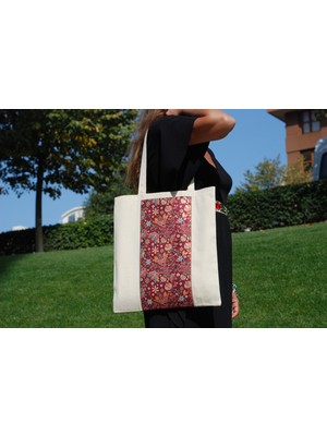 New Bazaar Kanvas Bez Çanta - Dokuma Kumaş Desenli - Iç Cepli ve Cırtlı - 36 x 40CM-BORDO Paisley Çiçek Desenli