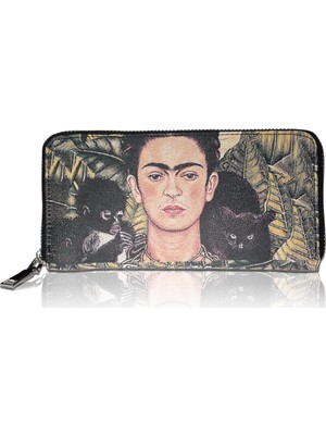 New Bazaar Kadın Cüzdan ve Kartlık - Sarı & Siyah Renkli - Frida Kahlo Tablosu-Dokuma Kumaşlı - 9,75 x 19,50 cm