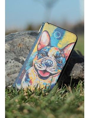 New Bazaar Kadın Cüzdan ve Kartlık - French Bulldog Desenli - Renkli - Dokuma Kumaşlı - 9,75 cm x 19,50 cm