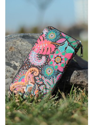 New Bazaar Kadın Cüzdan ve Kartlık-Siyah & Pembe Renkli-Paisley Çiçek Desenli - Dokuma Kumaşlı- 9,75CMX 19,50CM