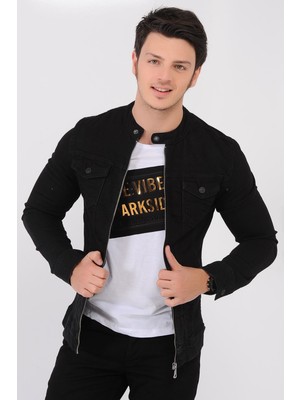 Little Cup Jeans Co Çift Cep Fermuarlı Siyah Erkek Kot Ceket