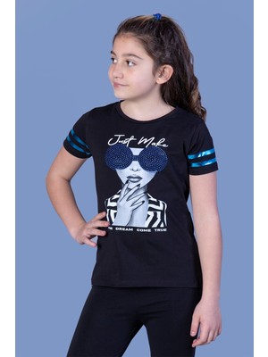 Toontoy Kids Kız Çocuk Baskılı Taş Işlemeli Arkası Tül Detaylı T-Shirt