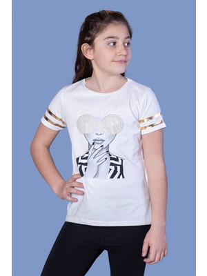 Toontoy Kids Kız Çocuk Baskılı Taş Işlemeli Arkası Tül Detaylı T-Shirt
