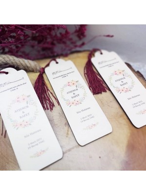 Hayaller Dükkanı 30 Adet Ahşap Kişiye Özel Baskılı Kitap Ayracı Püsküllü Nişan Si Çiçek Desenli