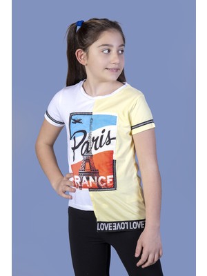 Toontoy Kız Çocuk Paris Baskılı Şeritli T-Shirt Sarı 12 Yaş K-211