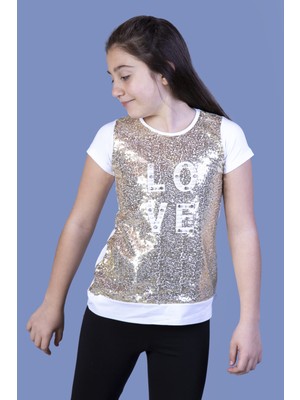 Toontoy Kız Çocuk Önü Komple Pullu T-Shirt Ekru 6 Yaş K-281