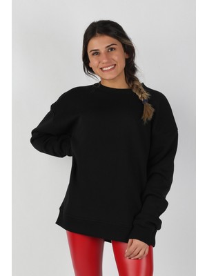 Balins Kadın Sıfır Yaka Baskılı 3 Iplik Sweatshirt Siyah