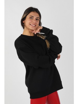 Balins Kadın Sıfır Yaka Baskılı 3 Iplik Sweatshirt Siyah