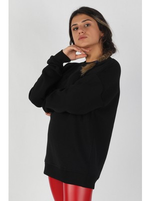 Balins Kadın Sıfır Yaka Baskılı 3 Iplik Sweatshirt Siyah