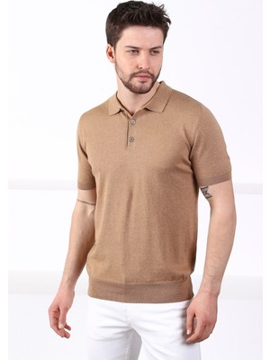 Ferraro Camel Polo Yaka Düz Renk Erkek Pamuk Triko T-Shirt