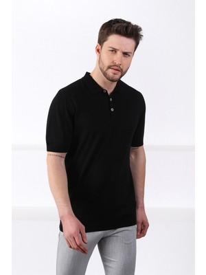 Ferraro Siyah Polo Yaka Düz Renk Erkek Pamuk Triko T-Shirt