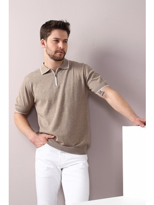 Ferraro Bej Yaka Şerit Fermuarlı Erkek Pamuk Triko T-Shirt