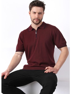 Ferraro Bordo Yaka Şerit Fermuarlı Erkek Pamuk Triko T-Shirt