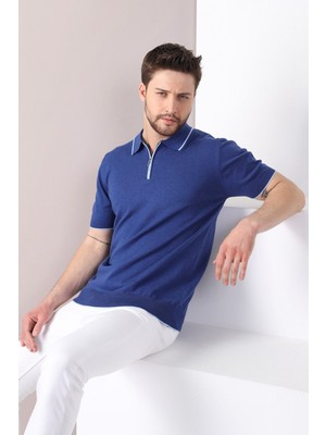 Ferraro Indigo Yaka Şerit Fermuarlı Erkek Pamuk Triko T-Shirt