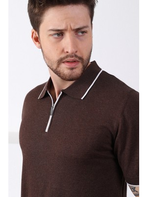 Ferraro Kahve Yaka Şerit Fermuarlı Erkek Pamuk Triko T-Shirt