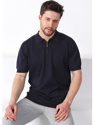 Ferraro Lacivert Yaka Şerit Fermuarlı Erkek Pamuk Triko T-Shirt