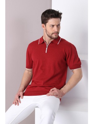 Ferraro Tarçın Yaka Şerit Fermuarlı Erkek Pamuk Triko T-Shirt