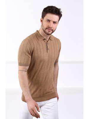 Ferraro Camel Polo Yaka Fitilli Erkek Pamuk Triko T-Shirt