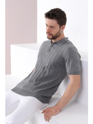 Ferraro Gri Polo Yaka Fitilli Erkek Pamuk Triko T-Shirt