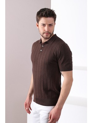 Ferraro Kahve Polo Yaka Fitilli Erkek Pamuk Triko T-Shirt