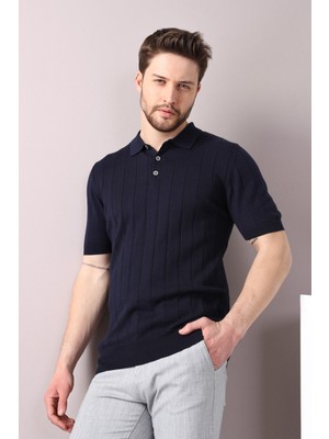 Ferraro Lacivert Polo Yaka Fitilli Erkek Pamuk Triko T-Shirt