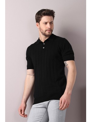Ferraro Siyah Polo Yaka Fitilli Erkek Pamuk Triko T-Shirt
