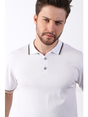 Ferraro Beyaz/bej Yaka Şerit Düğmeli Erkek Pamuk Triko T-Shirt
