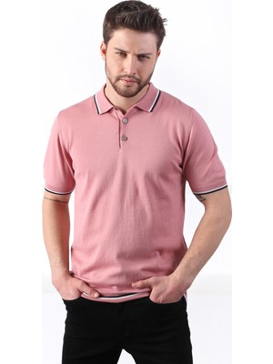 Ferraro Gül/beyaz Yaka Şerit Düğmeli Erkek Pamuk Triko T-Shirt