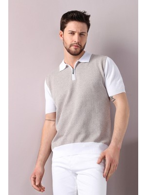 Ferraro Beyaz/bej Polo Yaka Desenli Erkek Pamuk Triko T-Shirt