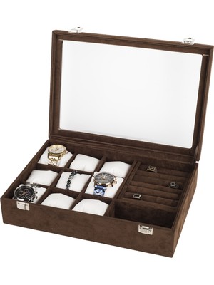 İmpala Saat + Yüzük + Kol Düğmesi + Gözlük Çok Amaçlı Ahşap Kasa Üzeri Deri Kaplama Takı Kutusu
