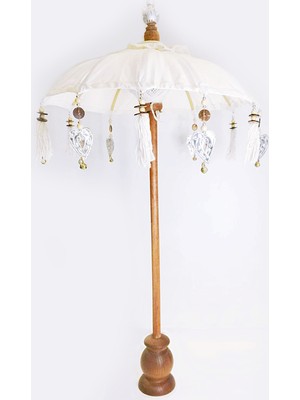Prodiva Bali Küçük Şemsiye - Ahşap Ayaklı Pamuklu Kumaş Dekoratif El Yapımı Beyaz