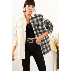 Esb Design Kadın Bej Armalı Boyfriend Oversize Eskitmeli Denim Jeans Kot Ceket