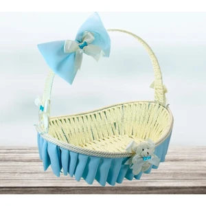 Süsle Bebek ve Parti Saplı Oval Kumaş Süslü Sepet, 36 cm, Orta Boy Mavi