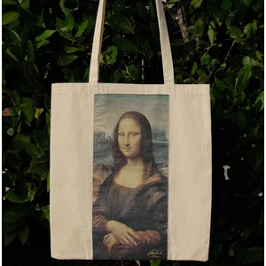 New Bazaar Kanvas Bez Çanta - Dokuma Kumaş Desenli - Iç Cepli ve Cırtlı - 36 x 40CM-LEONARDO Da Vinci-Mona Lisa