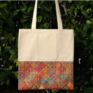 New Bazaar Kanvas Bez Çanta - Dokuma Kumaş Desenli - Iç Cepli ve Cırtlı - 36 x 40 cm - Simetrik Halı Desenli