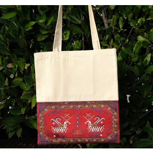 New Bazaar Kanvas Bez Çanta - Dokuma Kumaş Desenli - Iç Cepli ve Cırtlı - 36 x 40 cm - Kilim Desenli