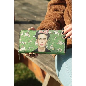 New Bazaar Kadın Cüzdan ve Kartlık-Metalik Sarı Detaylı-Yeşil Renkli-Frida Kahlo-Dokuma Kumaşlı-9,75 x 19,50 cm
