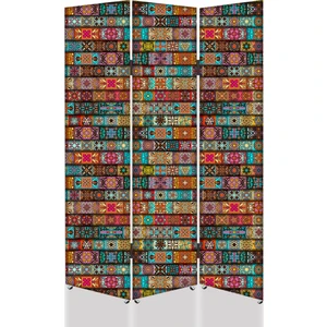 Motif Desenli 3 Kanat Tekerlekli Kanvas Paravan