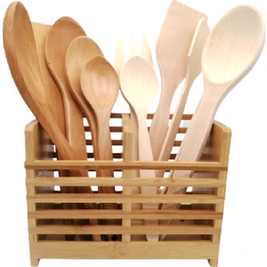 Standlı Ahşap Kepçe Kaşık Spatula Maşa Servis Seti 11PRÇ-KRŞK