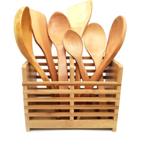 Standlı Ahşap Kepçe Kaşık Spatula Servis Seti 8prç