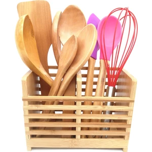 Standlı Silikon-Ahşap Kepçe Kaşık Spatula Servis SETİ-10PRÇ