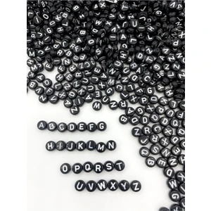 Hedef Bijuteri 4 x 7 mm Yassı Siyah Zemin Üzeri Beyaz Harf Boncuk basık Oval Alfabe Mektup Boncuk 100 gr 750 Adet