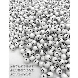 Hedef Bijuteri 8 mm Yuvarlak Beyaz Zemin Üzeri Siyah Top Harf Boncuk alfabe Mektup Boncuk 100 gr 360 Adet