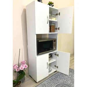 Irmak Mobilya 4 Kapaklı Orta Bölmeli Çok Amaçlı Beyaz Mikrodalga Fırın Dolabı, Mini Fırın Mutfak Dolabı