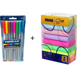 Triball Tükenmez Kalem 8'li + Rainbow Neon Silgi 8'li
