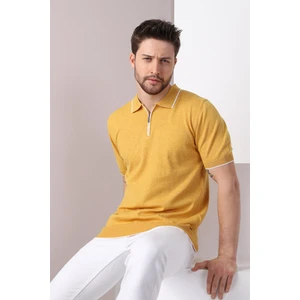 K.sarı Yaka Şerit Fermuarlı Erkek Pamuk Triko T-Shirt