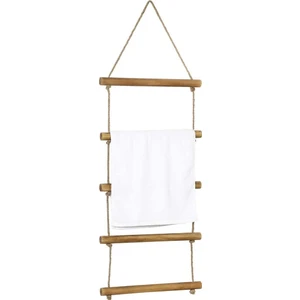 5 Katlı Duvara Asılı Doğal Kahverengi Ahşap ve Halat Havlu Merdiven Askısı