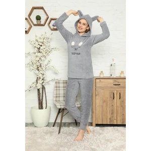 Kadın Uzun Kollu Nakış Desen Kapüşonlu Tam Peluş Pijama Takımı 1720