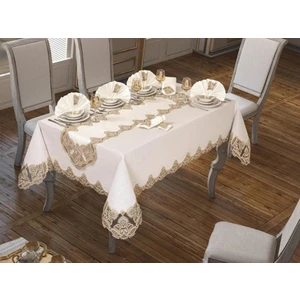 Çeyiz Diyarı 26 Parça Güpürlü Kaktüs Masa Örtüsü Takımı Krem Gold