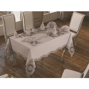 Çeyiz Diyarı Fransız Güpürlü Elit Masa Örtüsü Takımı 18 Parça Gri